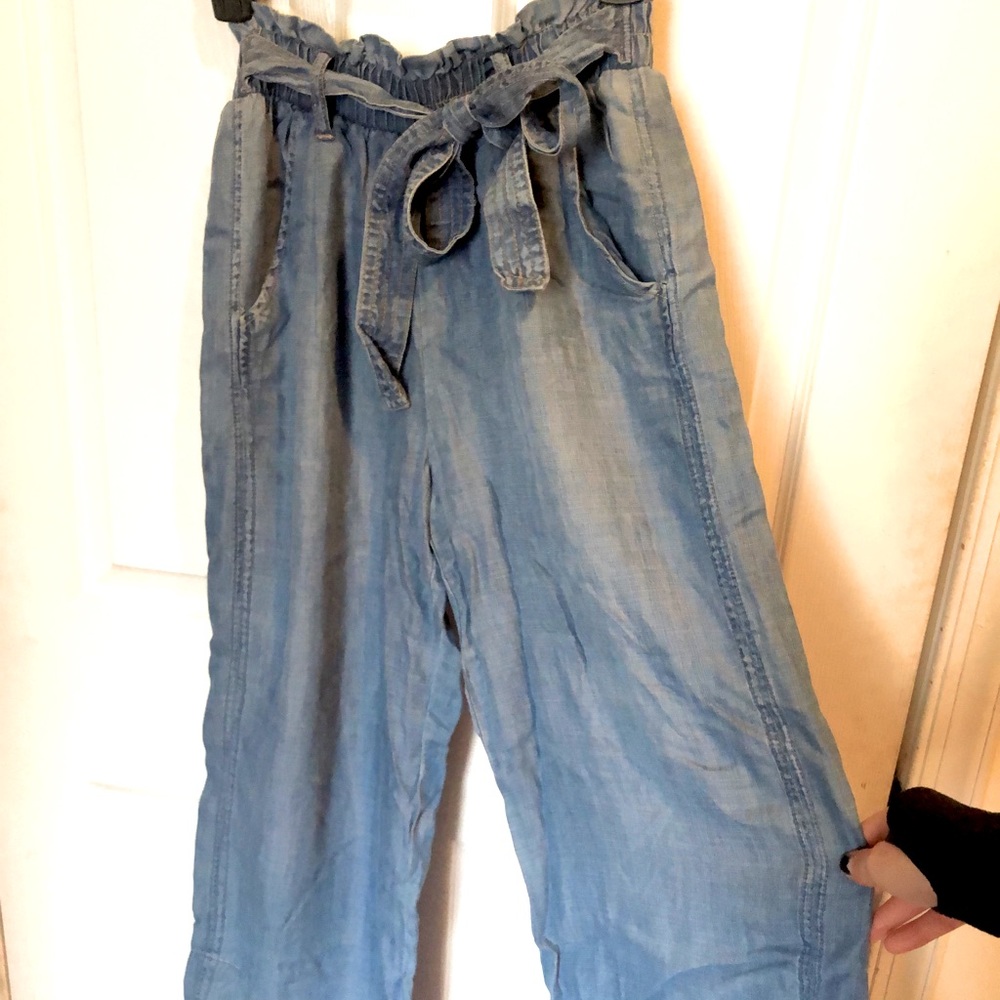 Blue paper bag flowy pants